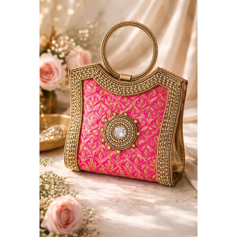 Anthro-Inspired Hot Pink & Gold Beaded Clutch Statement Evening Bag